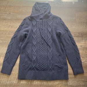 LL Bean Signature Sweater Women L Blue Cotton Funnel Neck Chunky Pocket Tunic